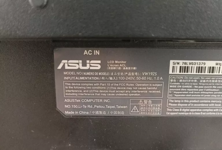 MONITOR ASUS VW192S KABEL ZASILAJĄCY