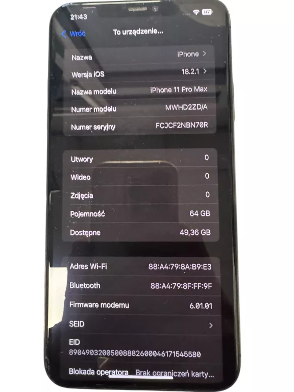 IPHONE 11 PRO MAX 64GB 83% STŁUCZENIE EKRANU