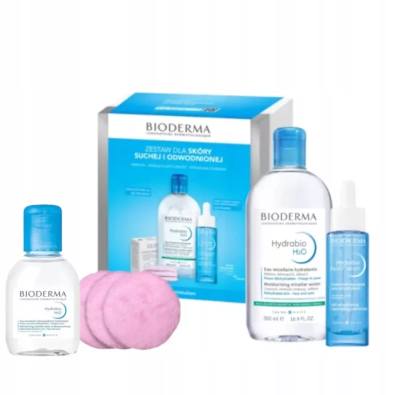 BIODERMA HYDRABIO ZESTAW KOSMETYKÓW NA PREZENT WODA MICELARNA+SERUM+PŁATKI