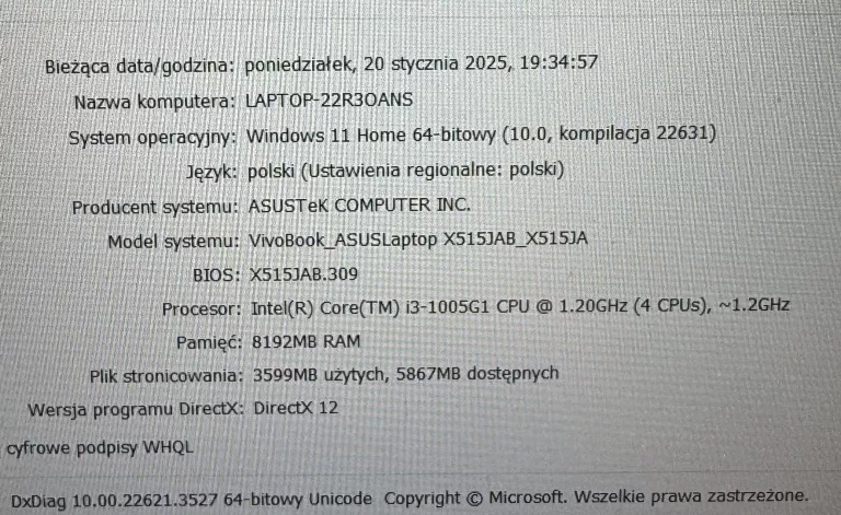 LAPTOP ASUS VIVOBOOK X515J +ZASILACZ