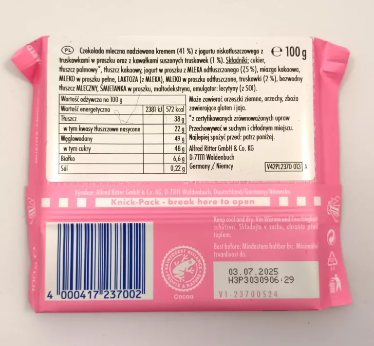 CZEKOLADA MLECZNA RITTER SPORT STRAWBERRY YOGURT 100G