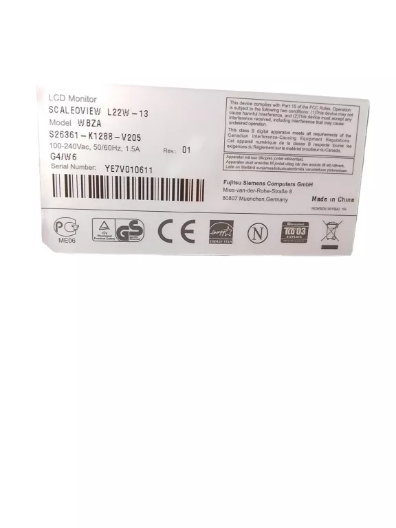 MONITOR LCD FUJITSU SIEMENS MODEL WBZA 22