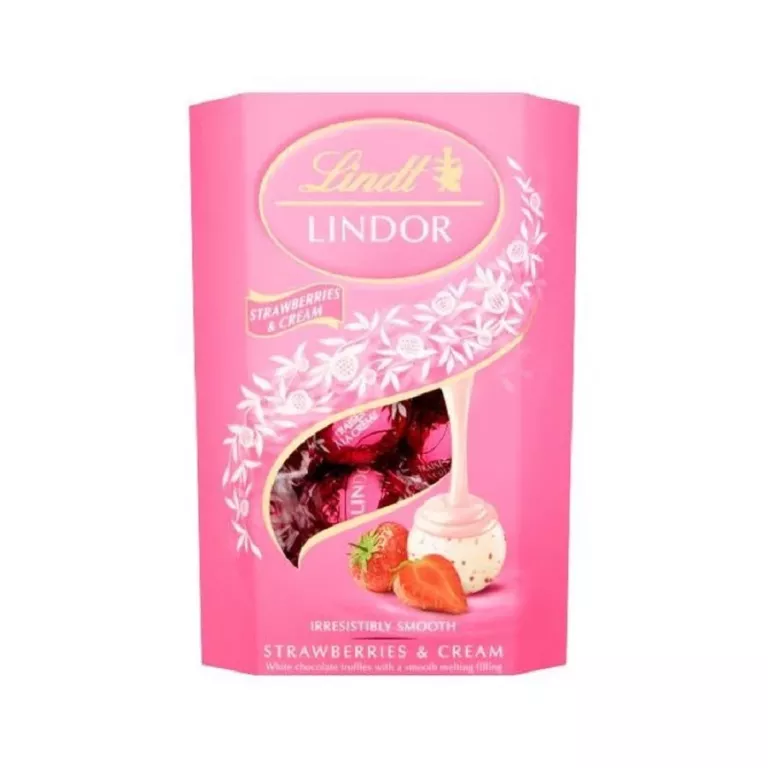 LINDT LINDOR PRALINKI Z BIAŁEJ CZEKOLADY Z KAWAŁKAMI TRUSKAWEK 200 G