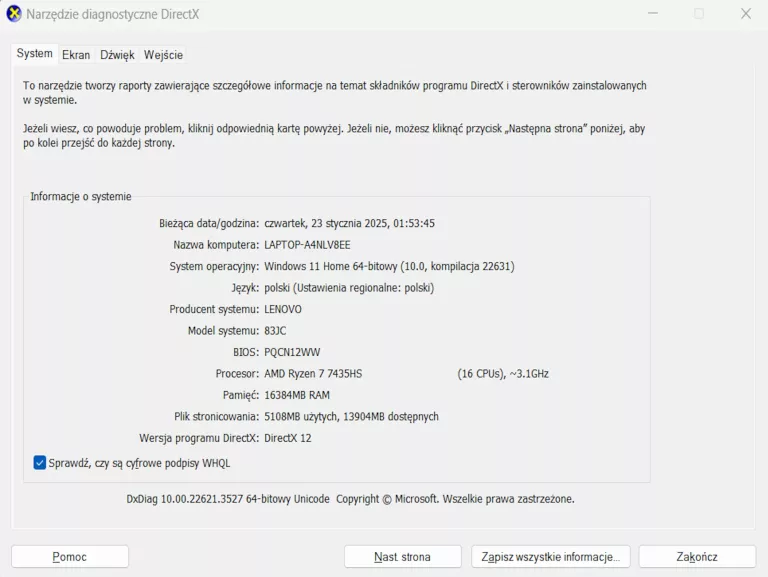 LAPTOP LENOVO LQQ 15ARP9 RYZEN7 7435HS 16/1024GB RTX 4060 - GW 01.2027!