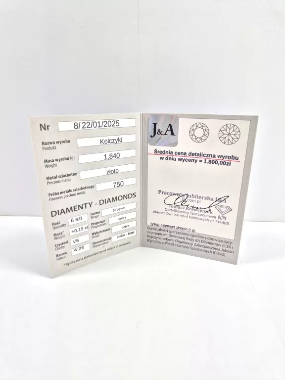 ZŁOTE KOLCZYKI Z DIAMENTAMI 0,15CT 750 1,84G