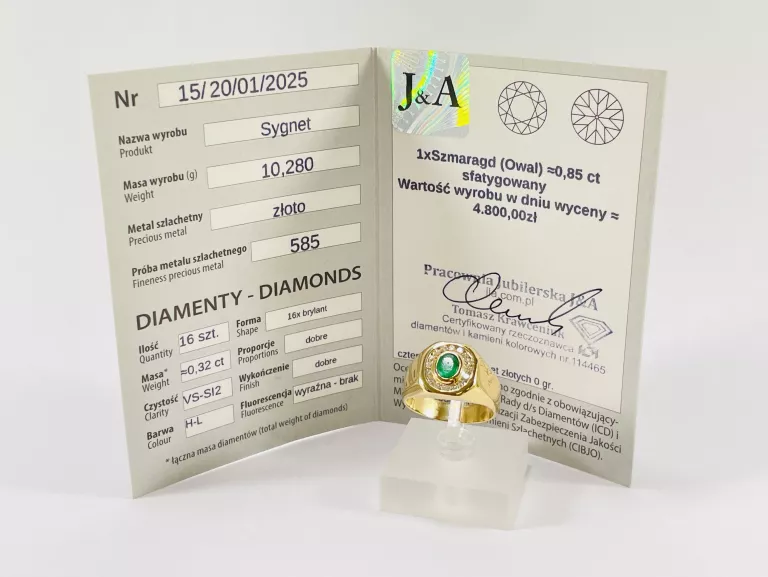 ZŁOTY SYGNET Z BRYLANTAMI 0,32CT I SZMARAGDEM 0,85CT 585 10,28G R22
