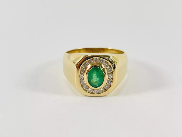 ZŁOTY SYGNET Z BRYLANTAMI 0,32CT I SZMARAGDEM 0,85CT 585 10,28G R22