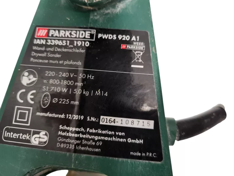 SZLIFIERKA ŚCIENNA PARKSIDE PWDS 920 A1 / 710W