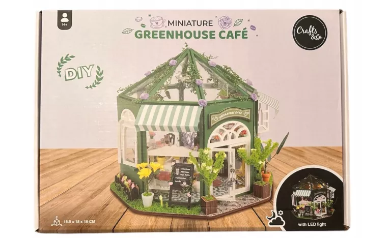 MINIATUROWY DOMEK GREENHOUSE CAFE DIY Z OŚWIETLENIEM LED 3D - MINIATURKA