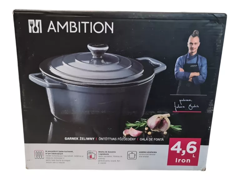 AMBITION IRON GARNEK ŻELIWNY 4,6 L 26CM DO DUSZENIA I ZAPIEKANIA
