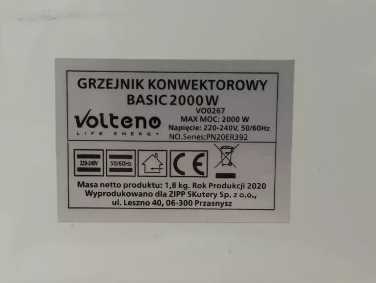 GRZEJNIK ELEKTRYCZNY VOLTENO 2000W