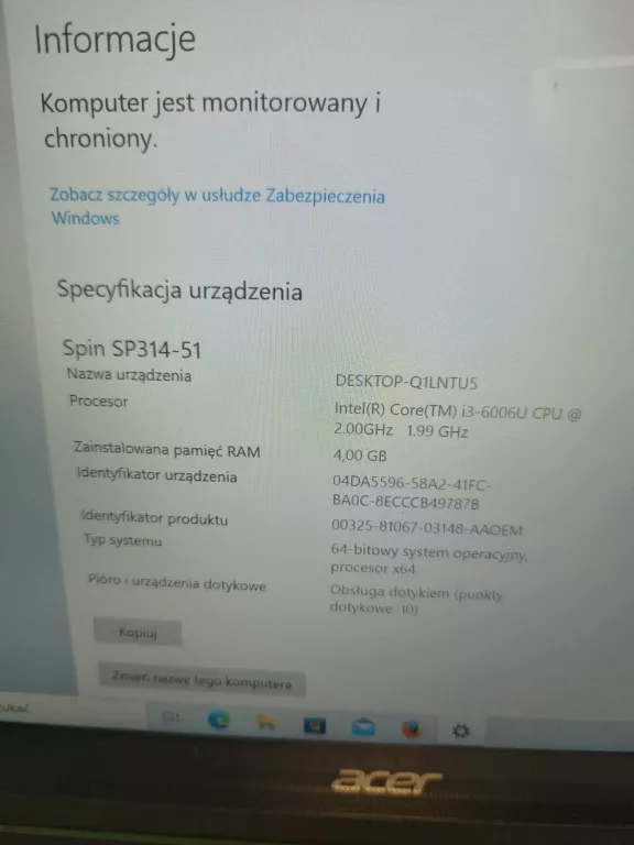 LAPTOP ACER SPIN 3 N17W5 RAM4GB/128GB /WIN10 INTEL-CORE I3-6006U +ŁADOWARK