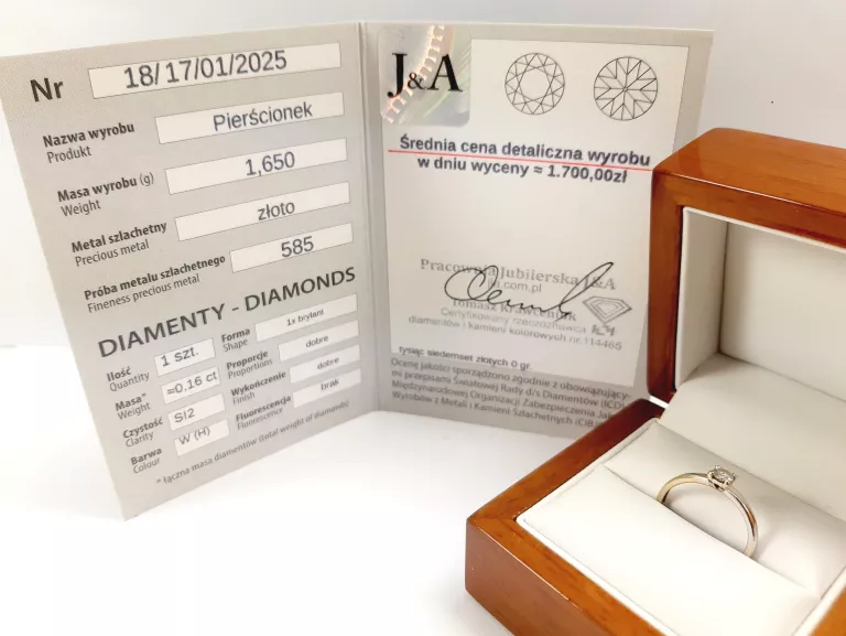 ZŁOTY PIERŚCIONEK Z BRYLANTEM 0.16CT BIAŁE ZŁOTO 585 1.65G R:11