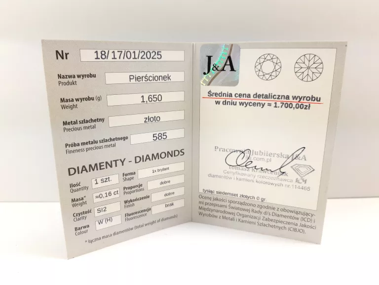 ZŁOTY PIERŚCIONEK Z BRYLANTEM 0.16CT BIAŁE ZŁOTO 585 1.65G R:11