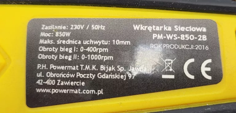 WKRĘTARKA POWERMAT ZASILANIE SIECIOWE 230V 850W PM-WS-850