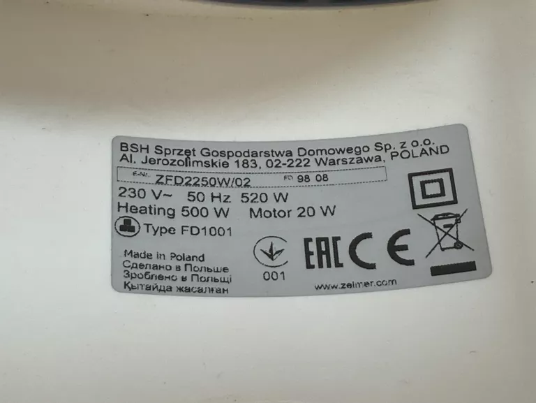 SUSZARKA SPOŻYWCZA ZELMER ZFD2250 500W