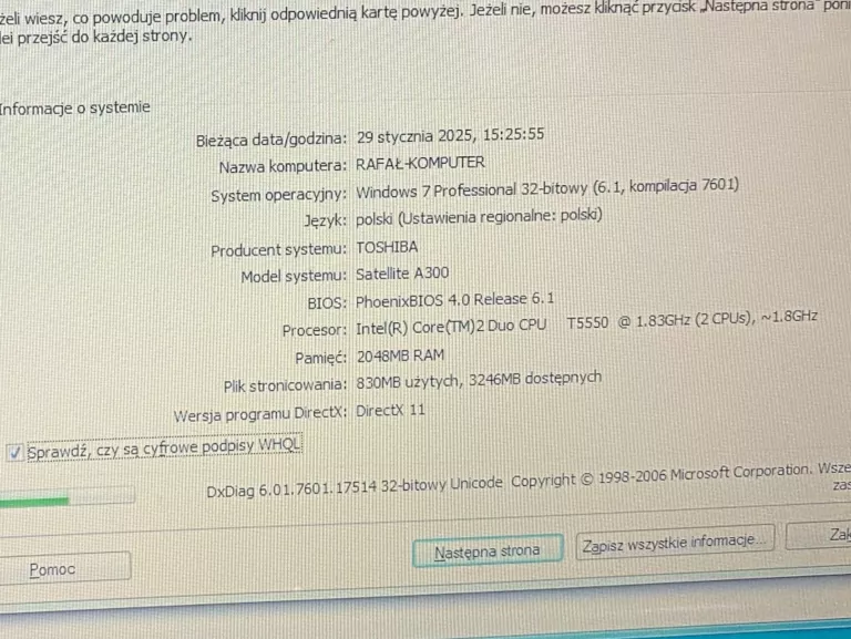 TOSHIBA SATELLITE A300 - 149 2GB / CORE DUO T5550 / 250GB HDD