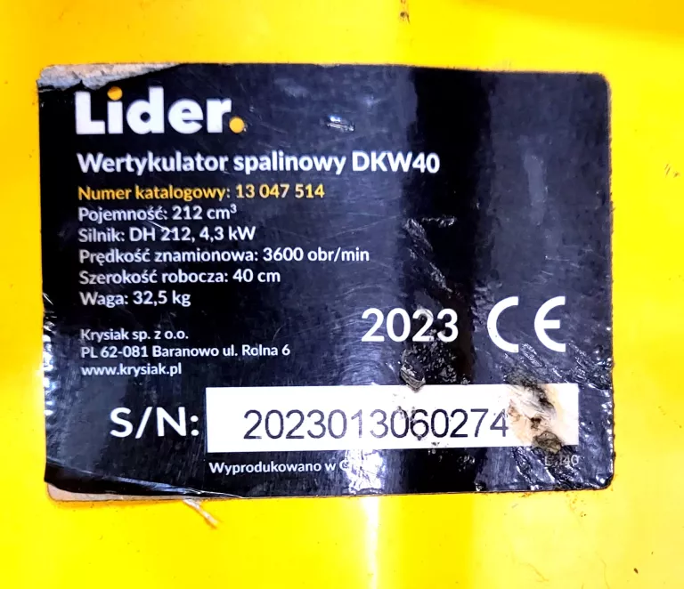 LIDER DKW40 WERTYKULATOR SPALINOWY DO TRAWY AERATOR KOSIARKA