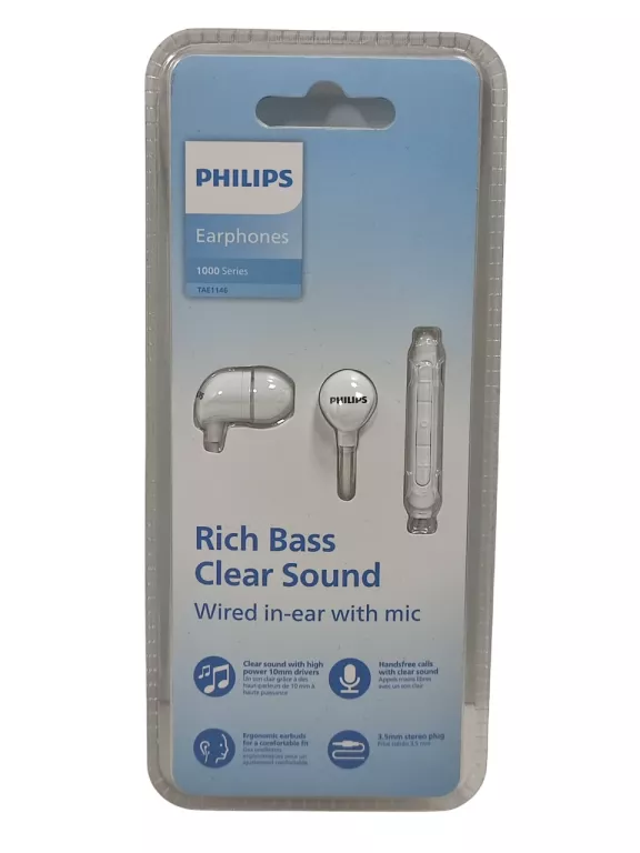 SŁUCHAWKI PRZEWODOWE PHILIPS RICH BASS CLEAR SOUND TAE1146 BIAŁE