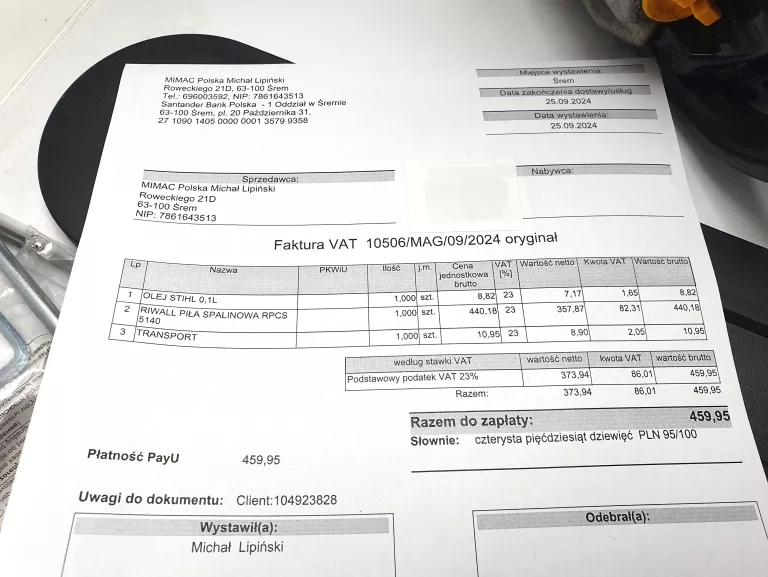 PIŁA SPALINOWA RIWALL RPCS 5140 PUDEŁKO FAKTURA