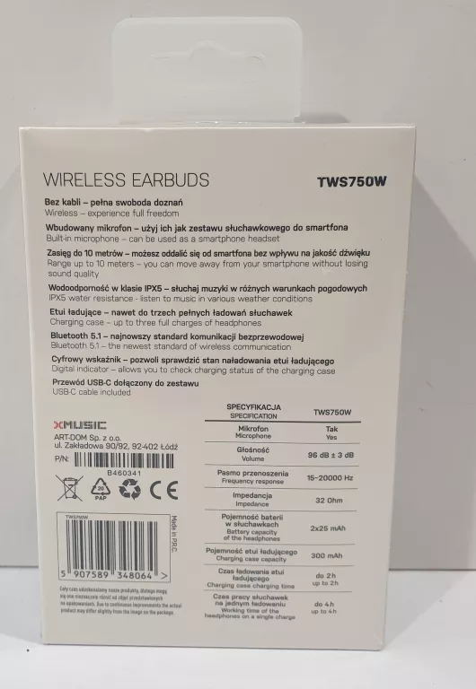 SŁUCHAWKI DOUSZNE XMUSIC TWS750W BIAŁY