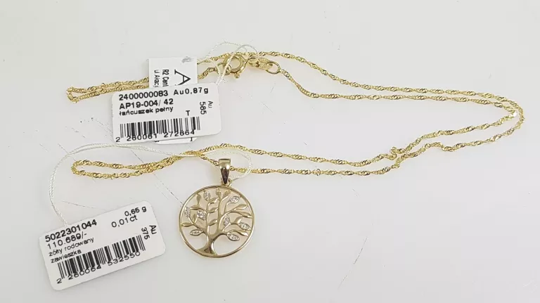 KOMPLET ŁANCISZEK 585 Z ZAWIESZKĄ 375 1,52 G DRZEWKO SZCZĘŚCIA Z DIEMENTEM