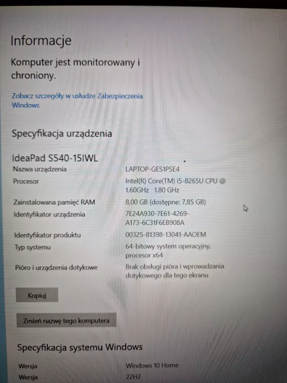 LAPTOP LENOVO IDEAPAD S540-15IWL INTEL I5-8265U 8 GB / 256 GB OPIS!!