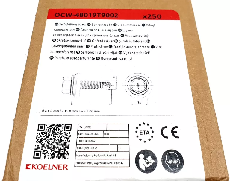 WKRĘT FARMERSKI SAMOWIERCĄCY KOELNER RAL 9002 4,8X19 MM 250 SZT. OCW48019T