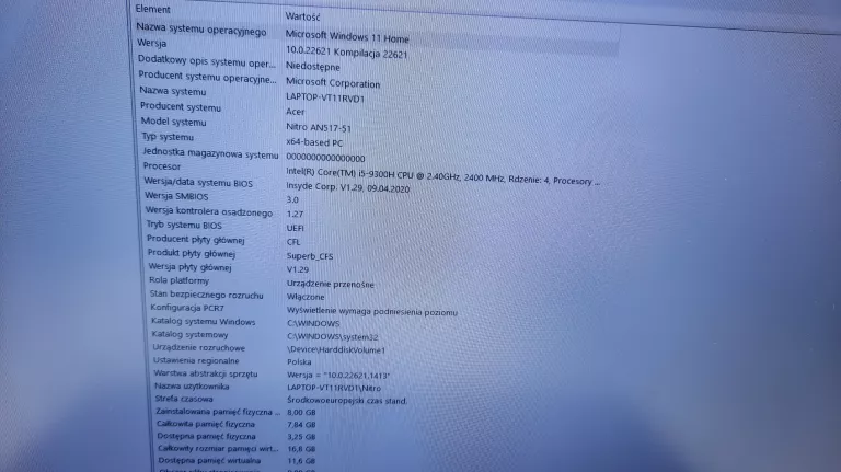 LAPTOP ACER NITRO 5 AN517-51 N18C4 / 8/500GB / WINDOWS 11 / *OKAZJA*