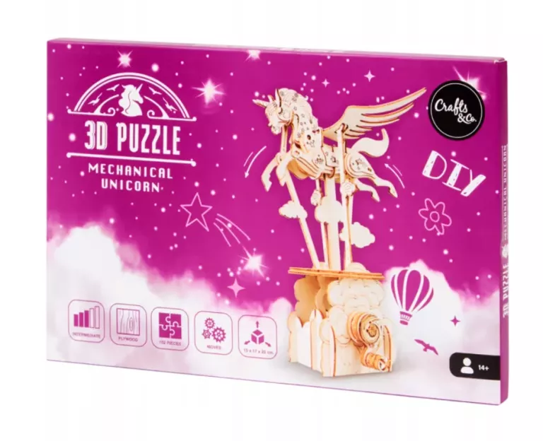 DREWNIANE RUCHOME MECHANICAL PUZZLE 3D DIY - JEDNOROŻEC UNICORN PEGAZ -17C