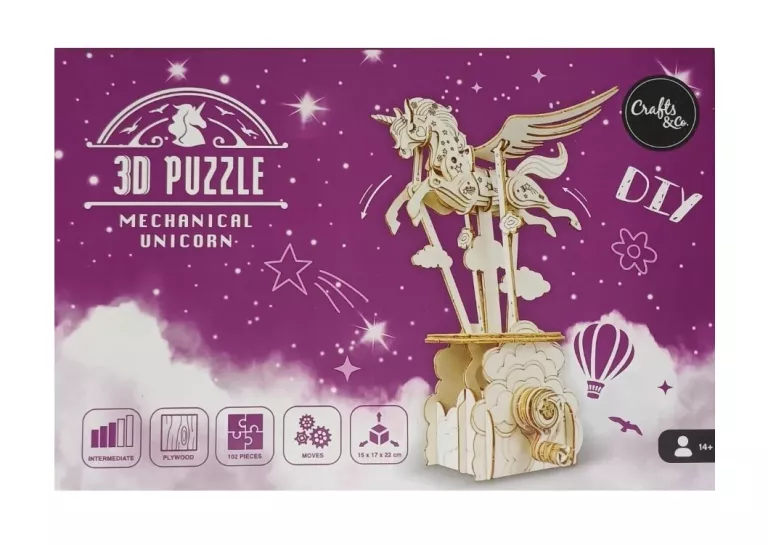 DREWNIANE RUCHOME MECHANICAL PUZZLE 3D DIY - JEDNOROŻEC UNICORN PEGAZ -17C