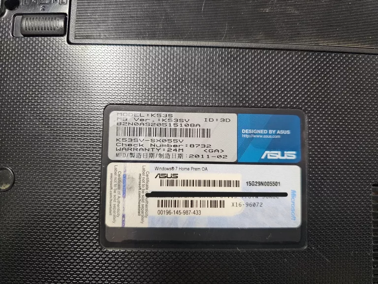 LAPTOP ASUS K53SV-SX055V I5-2410 / 4GB / 256GB / WIN10 PĘKNIĘTA RAMK