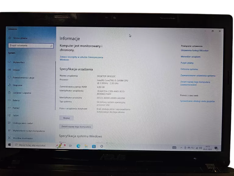LAPTOP ASUS K53SV-SX055V I5-2410 / 4GB / 256GB / WIN10 PĘKNIĘTA RAMK