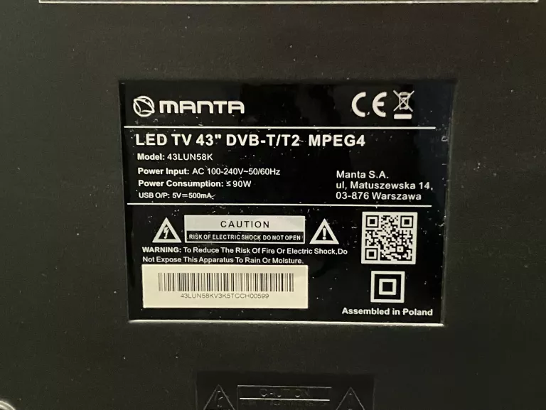 TELEWIZOR MANTA 43LUN58K 43" DVB-T/T2 MPEG4 4K + UCHWYT ŚCIENNY HAMA