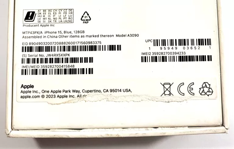 SMARTFON APPLE IPHONE 15 128 GB 5G BLUE BATERIA 87% WOLNA DYSTRYBUCJA