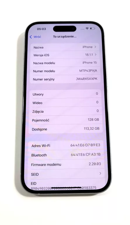 SMARTFON APPLE IPHONE 15 128 GB 5G BLUE BATERIA 87% WOLNA DYSTRYBUCJA