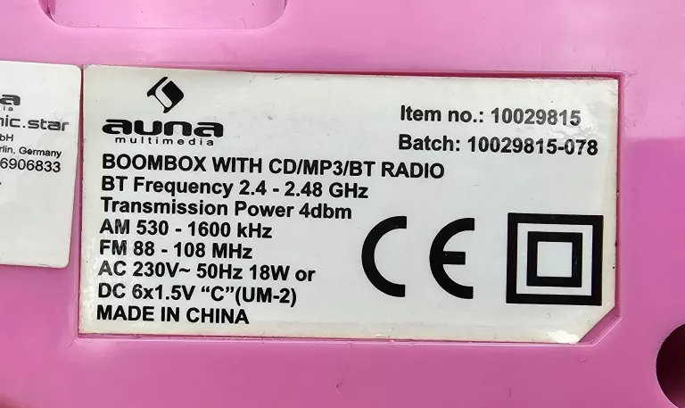 AUNA BOOMBOX WITH CD/MP3/BT RADIO PINK + KABEL ZASILAJACY