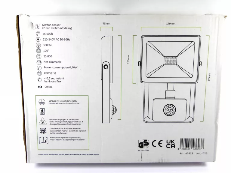 REFLEKTOR LED Z CZUJNIKIEM RUCHU LUMARE 30 W 3000LM 3000K