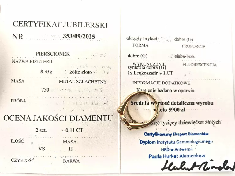ZŁOTY PIERŚCIONEK Z CERTYFIKATEM 750 8,5G BRYLANT 2X 0,11CT R14 CERTYFIKAT