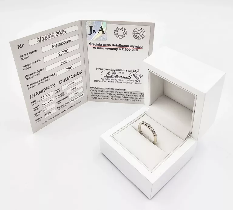 PIERŚCIONEK Z BIAŁEGO ZŁOTA Z DIAMENTAMI 2,73GR, P.750 + CERTYFIKAT