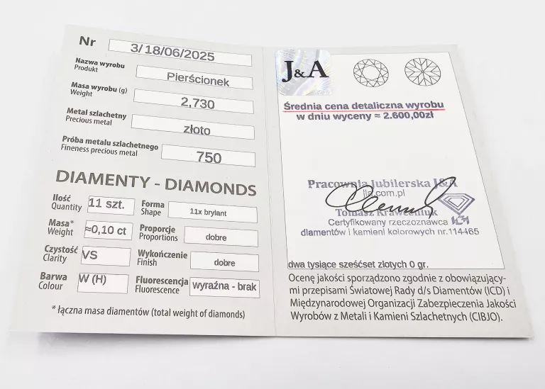 PIERŚCIONEK Z BIAŁEGO ZŁOTA Z DIAMENTAMI 2,73GR, P.750 + CERTYFIKAT