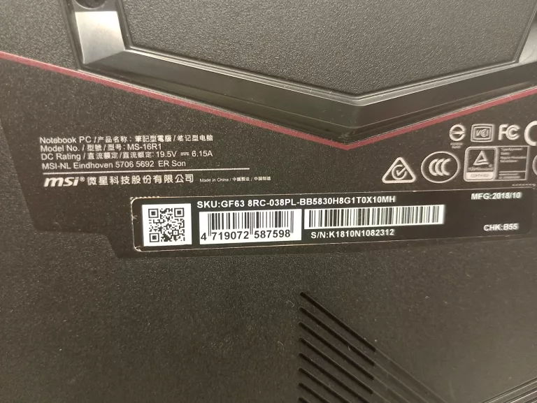LAPTOP MSI GF63 THIN 9RC MS-16R1 I5-8TH GTX 1050 8GB/1TB