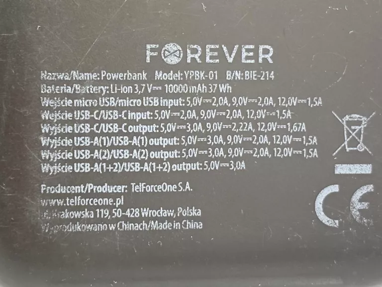 POWERBANK FOREVER 10000MAH 2USB USB-C MICRO SZARY