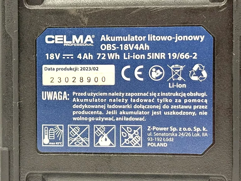SZLIFIERKA KĄTOWA CELMA PRAG-LI 125OBS 18V AKUMULATOR 4.0AH ŁAD (02/2023)