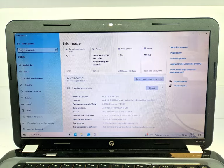 LAPTOP HP PAVILION G SERIES AMD A6 8GB/128GB