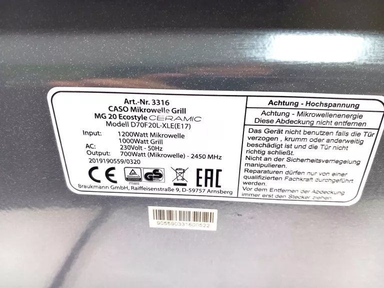 KUCHENKA MIKROFALOWA CASO MG 20 ECOSTYLE CERAMIC BN