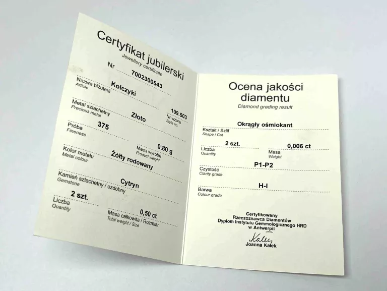 [375] ZŁOTE KOLCZYKI Z DIAMENTEM 0,8G - CERTYFIKAT