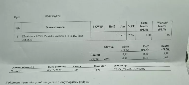 KLAWIATURA ACER PREDATOR AETHON 330 + GWAR