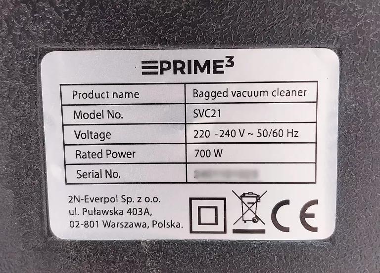 ODKURZACZ PRIME3 SVC21 + RURA KOŃCÓWKA