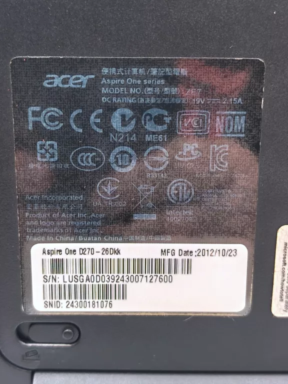 LAPTOP ASPIRE ONE INTEL ATOM N2800 1,9 GHZ 2/320 GB 10,1" WIN7